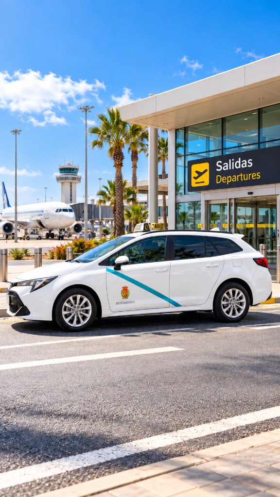 Ein weißes Taxi von CaleTaxi an den Abflügen des Flughafens Fuerteventura