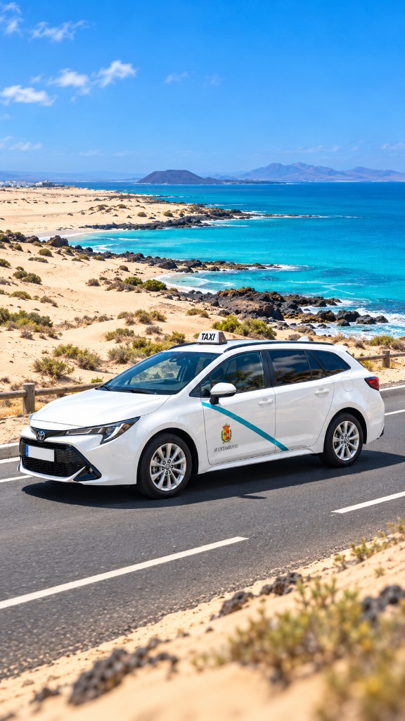 Ein weißes Taxi von CaleTaxi an der Küste von Fuerteventura
